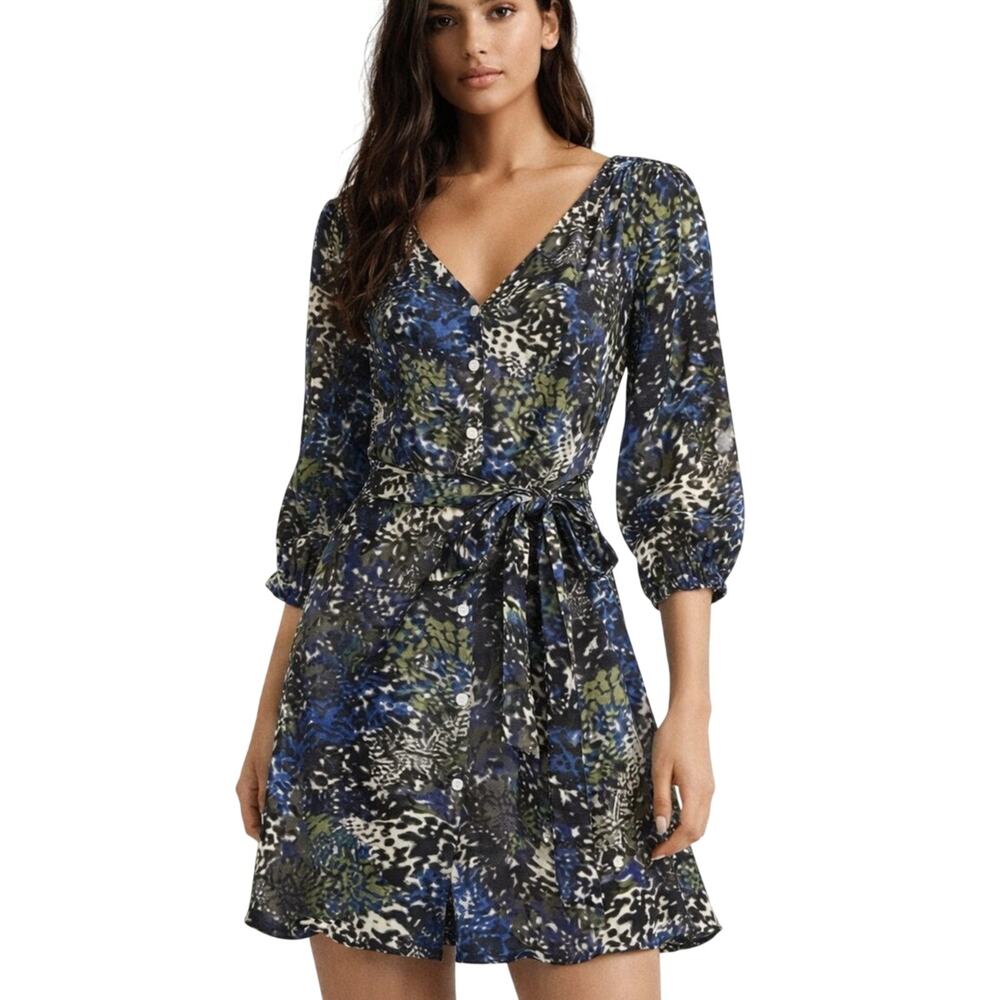 Alice & Trixie Blue Silk Dress w/ Sash M Abstract Animal Print Boho Whimsy Fairy